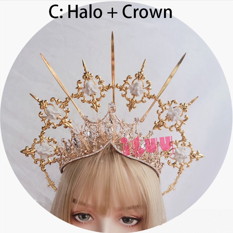 Lolita – bandeau KC Vintage, serre-tête de déesse, ange doré Halo, couronne de mariée vierge marie Halo, chaîne de perles, diadème Baroque: Halo and Crown C