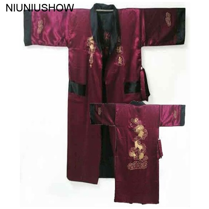 Borgonha preto reversível chinês cetim seda dois-rosto robe bordado kimono banho vestido dragão um tamanho s3003