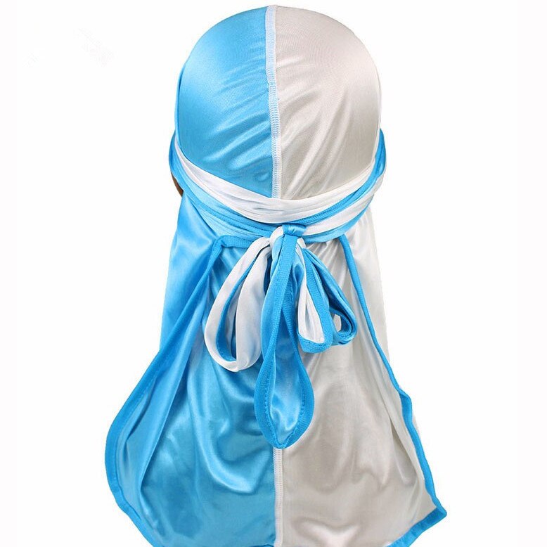 Zijdeachtig Satijn Tulband Unisex Lange Staart Durag Bandana Mode Patchwork Piraat Hoed Mannen Hoofd Sjaal India Hoed Haaraccessoires: white lake