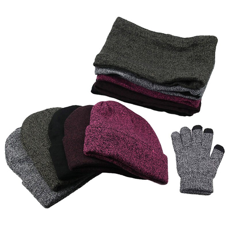 3 Pieces/Set Winter Women Hats Scarves Gloves Kit Knitted Plus Velvet Hat Scarf Set For Male Female Beanies Scarf Gloves