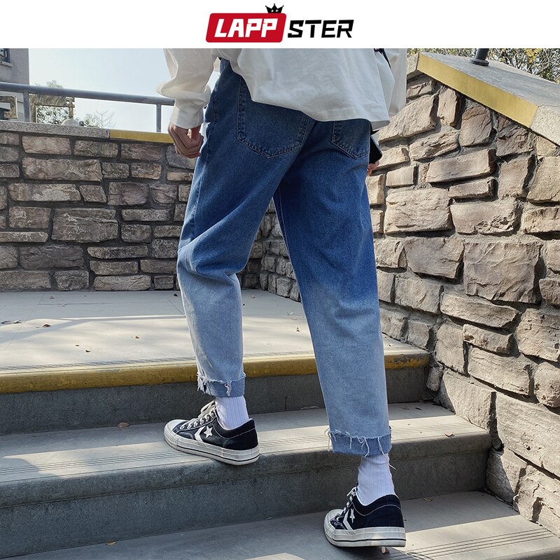 LAPPSTER Men Gradient Color Blue Jeans Pants Mens Japanese Streetwear Denim Pants Male Patchwork Fashions Harem Pants 5XL
