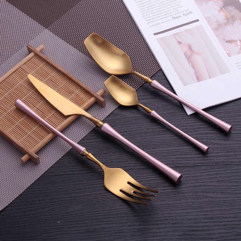 Lyxiga servisset gyllene bestick 304 rostfritt stål bestick middagsset vitguld sked gaffel kniv bestick kit servis set: Rosaguld 4 st