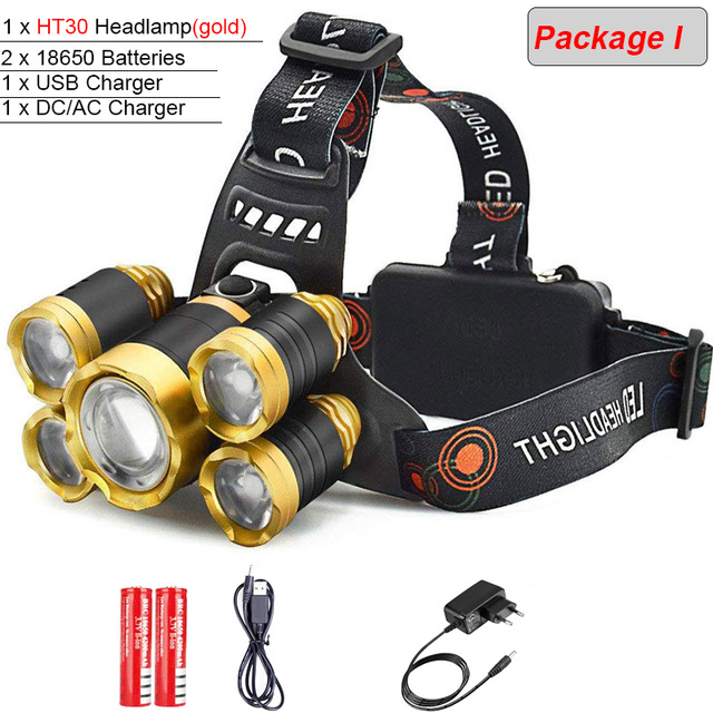 Most Powerful 7000LM LED Headlamp Zoomable XML 3/5 LED T6 Head Torch with Rechargeable 18650 battery Forehead headlight For Camp: package I