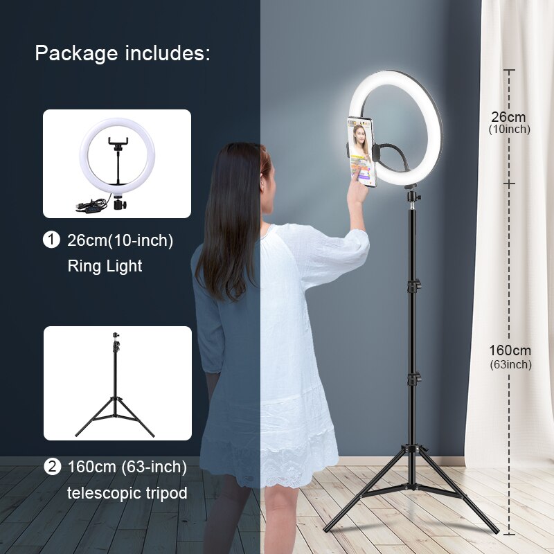 Éclairage Ring Light à Led avec trépied et Support Mobile, éclairage annulaire pour photographie et diffusion vidéo en direct: 26cm light 160tripod
