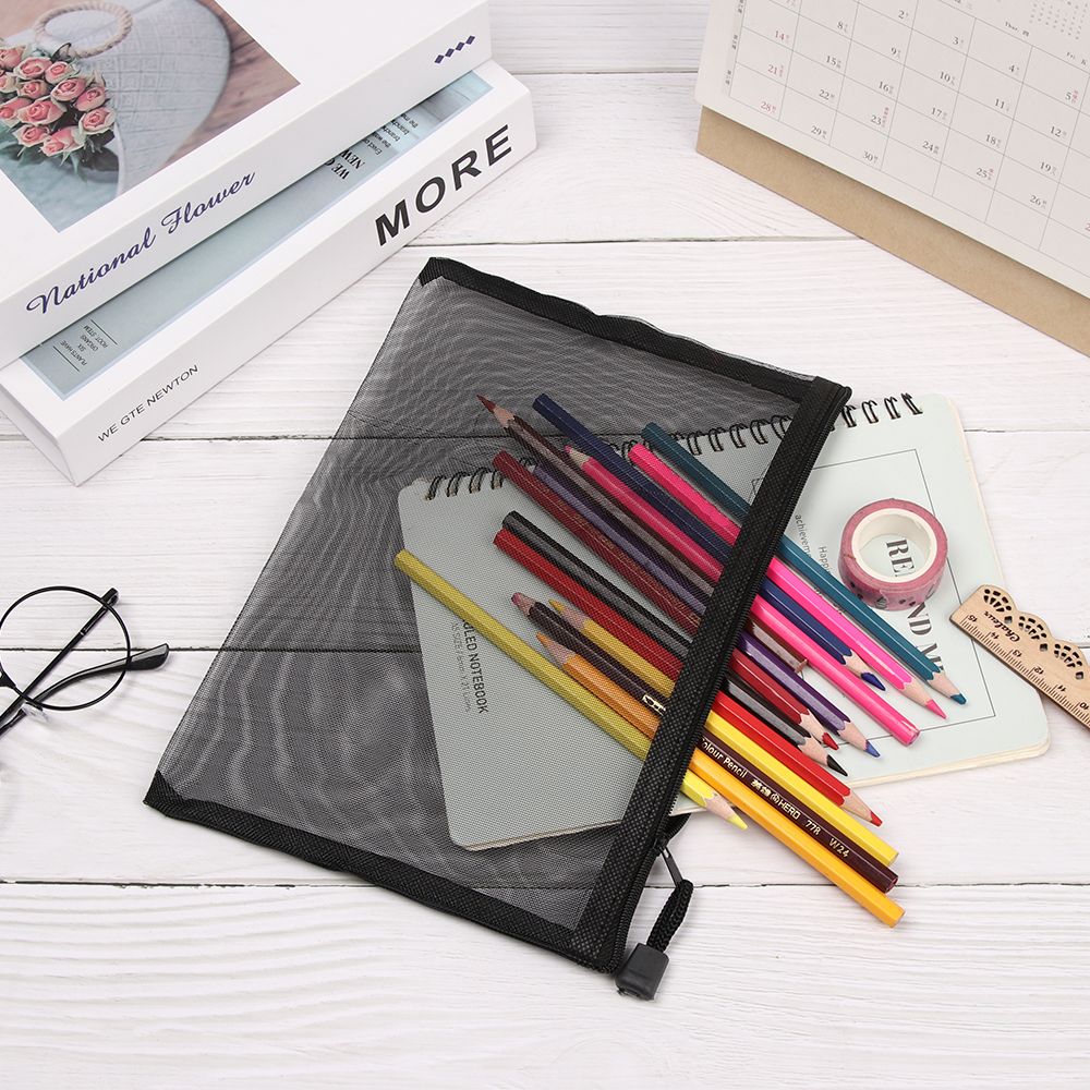 Effen Kleur Nylon Rits Etui Mesh Pen Zak Cosmetische Opslag Transparante Raster Handtassen Portemonnee Mode