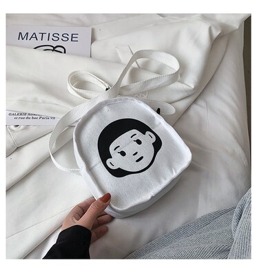 Adolescentes moda caráter padrão mini bolsa de lona alça larga bolsa de ombro para mulheres estilo japonês aleta casual sacoche homme: WHITE