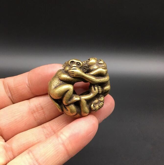 Copper Statue Collectable Chinese Brass Carved Animal Zodiac Monkey Three Monkeys Playing Acrobatics Exquisite Sma