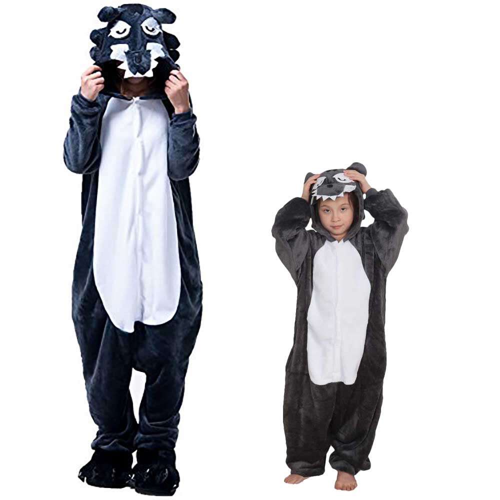 Pijama de animales con capucha para niños y mujeres, ropa de dormir bonita, mono con estampado de Lobo, Kigurumi