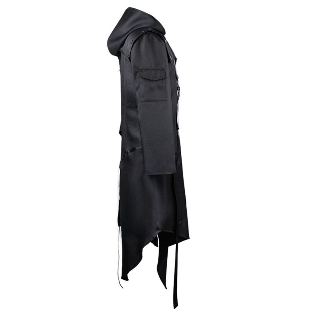 Gabardina larga para hombre, abrigo gótico negro, asimétrico, ajustado, con correa, con capucha, prendas de vestir exteriores, de otoño y otoño