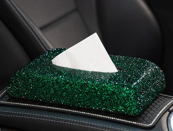 Bling Crystal Car Tissue Box Armrest Diamond Leather Auto Tissue Paper Holder Case Sunvisor Hanging Napkin Car Accessories: Green