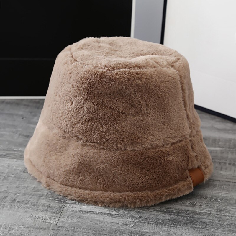 Korea kvinder efterår vinter vintage leopard plys bucket cap faux fur plys sød dejlig fisker hat varm kasket dame