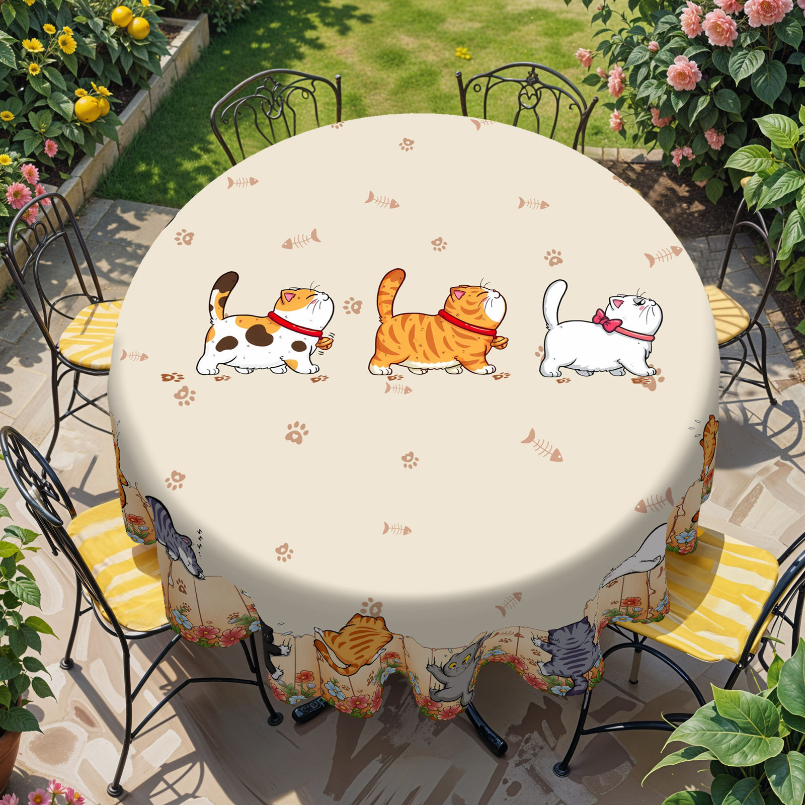 1 Piece, Cute Wall-Climbing Cat Theme Pattern Tablecloth + 4 Self-Adhesive Stickers, Floral Fence and Cat Print Pattern, Embossed Edges, Suitable for Home Kitchen, Living Room Dining Table, Balcony Coffee Table, Party Table Decoration Tablecloth, Outdoor Picnic Courtyard Decoration, Coffee Table Desktop Decoration Tablecloth Table Cover, Perfect , Spring, Summer, Autumn and Winter Decoration-M027