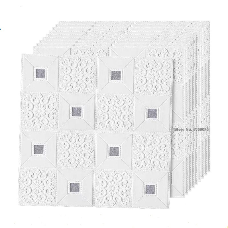 10 kpl 3d stereoseinätarraa itseliimautuva katto koristetarra olohuone makuuhuone vedenpitävä tapetti vaahtotapetti: Valkoinen hopea / 70 x 70 cmx 5 kpl