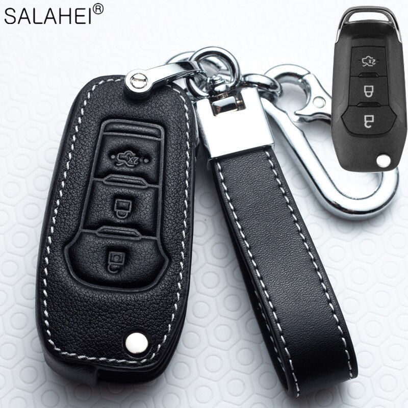 Lederen Auto Key Case Cover Voor Ford Fiesta Focus 23 MK2 MK3 Mondeo MK4 Ecosport Kuga Escape Explorer Ranger Styling accessoires: D-balck