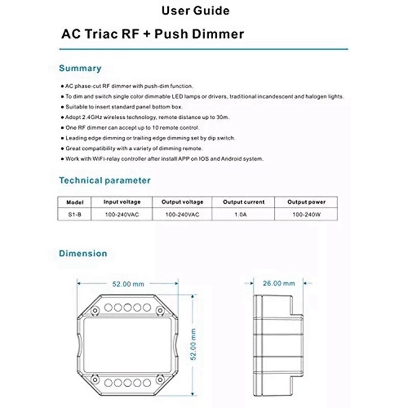 Led Dimmer S1-B Led Triac Rf Dimmer 100-240V Ac 2.4Ghz Draadloze Led Schakelaar Controller Voor Led lamp