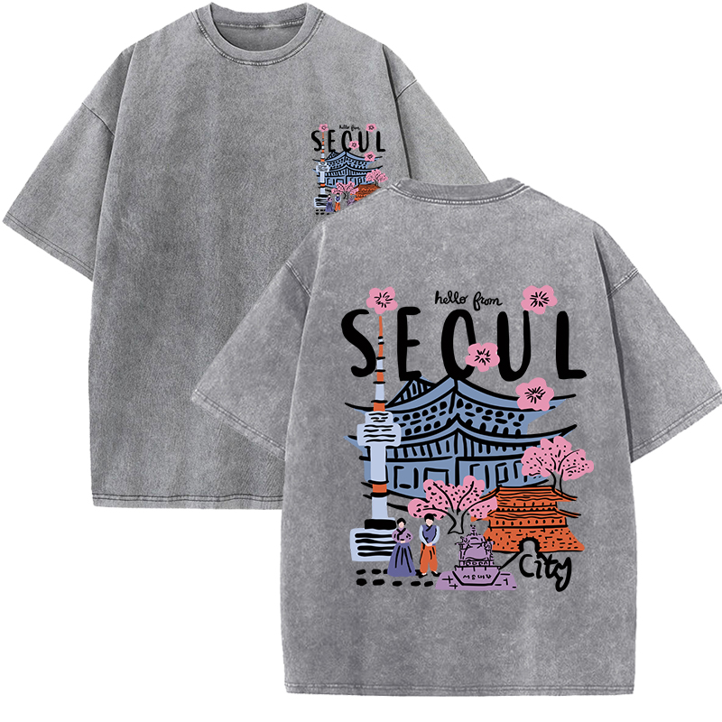 Seoul vacker natur tryckt tvättad t-shirt dam sommar rund hals kläder trendiga bomull kortärmade casual t-shirts