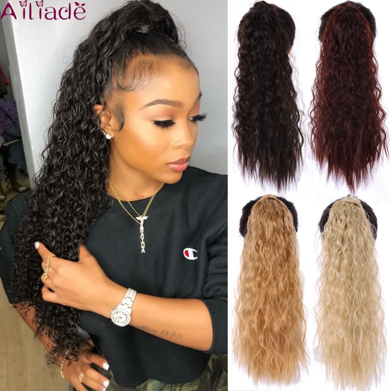 AILIADE Women Long Corn wavy Wrap Around Magic Paste Ponytail Hair Extension Resistant High Temperature Hairpieces Synthetic
