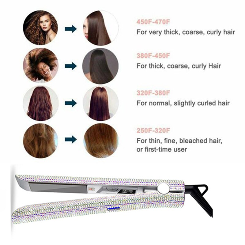 US Plug Crystal Hair Flat Iron Titanium Plate Diamond Hair Straightener Hair Styling Tools LCD HairdressingFlat Iron 470F Ti