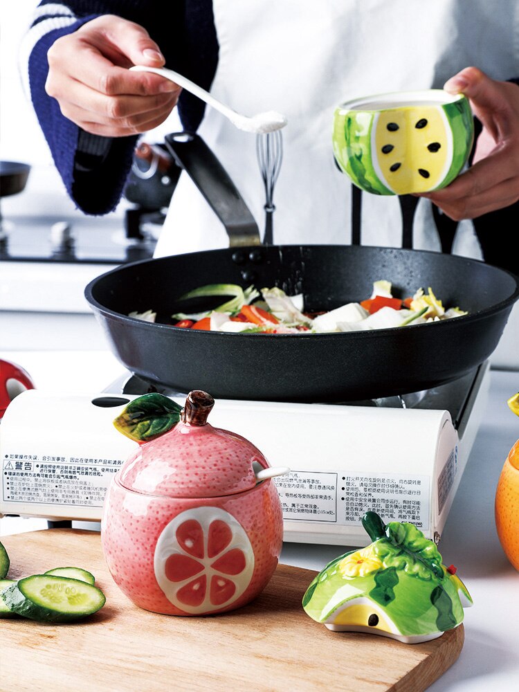 watermelon modeling storage tank ceramic seasoning jar fruit relief incense tank with lid salt tank Sugar Bowl