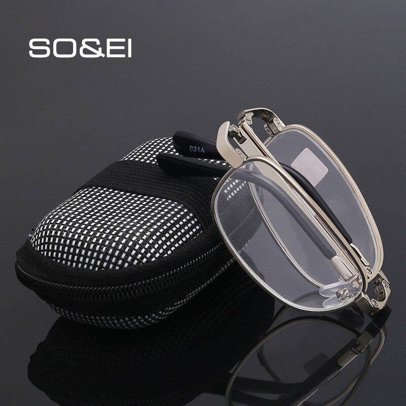 So&ei draagbare opvouwbare optische glazen leesbril unisex metalen klein montuur vierkante ouderenbril gafas de lectura