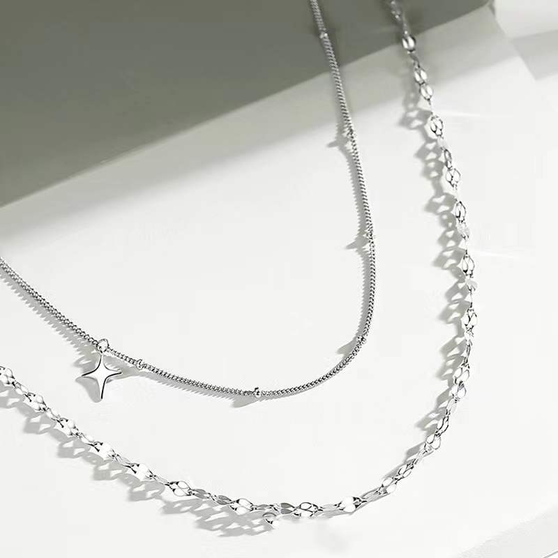 925 Sterling Zilveren Ketting Dubbele Sleutelbeen Keten Ster Hanger Choker Verjaardagsfeestje Mode-sieraden Voor Vrouwen