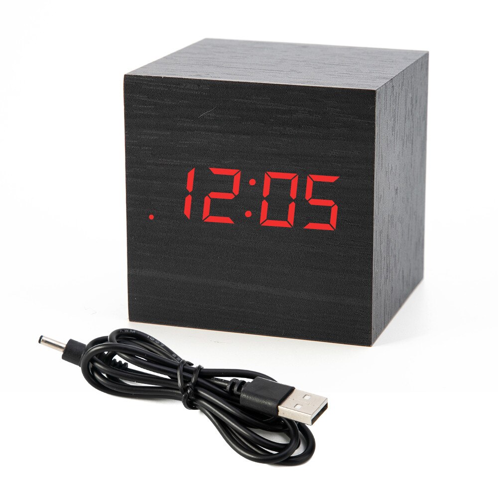 ! mini digital trä led väckarklocka trä retro glöd klocka skrivbord bord dekor röststyrning snooze funktion skrivbord kalender: Svart trä rött