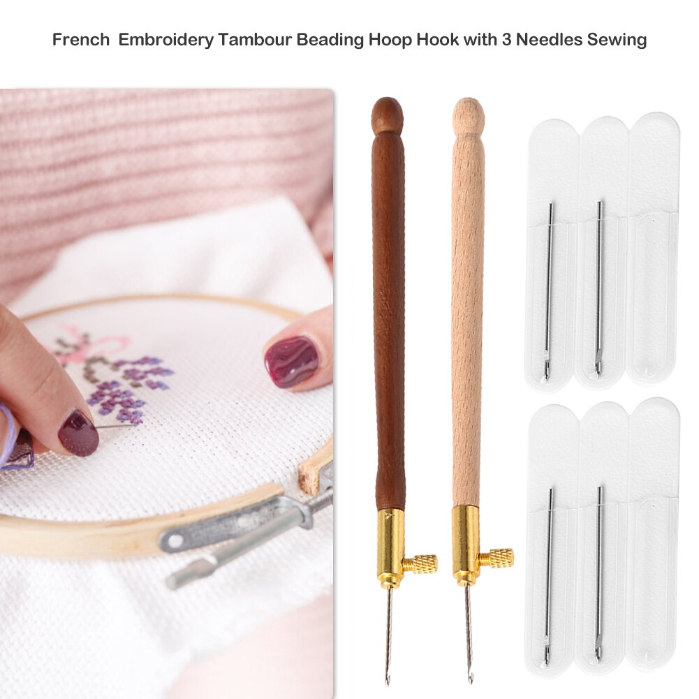 Poignée brodée Tambour Crochet avec 3 aiguilles, Crochet français Crochet de broderie, cerceau de perles, ensemble d&#39;outils de couture, bricolage artisanat