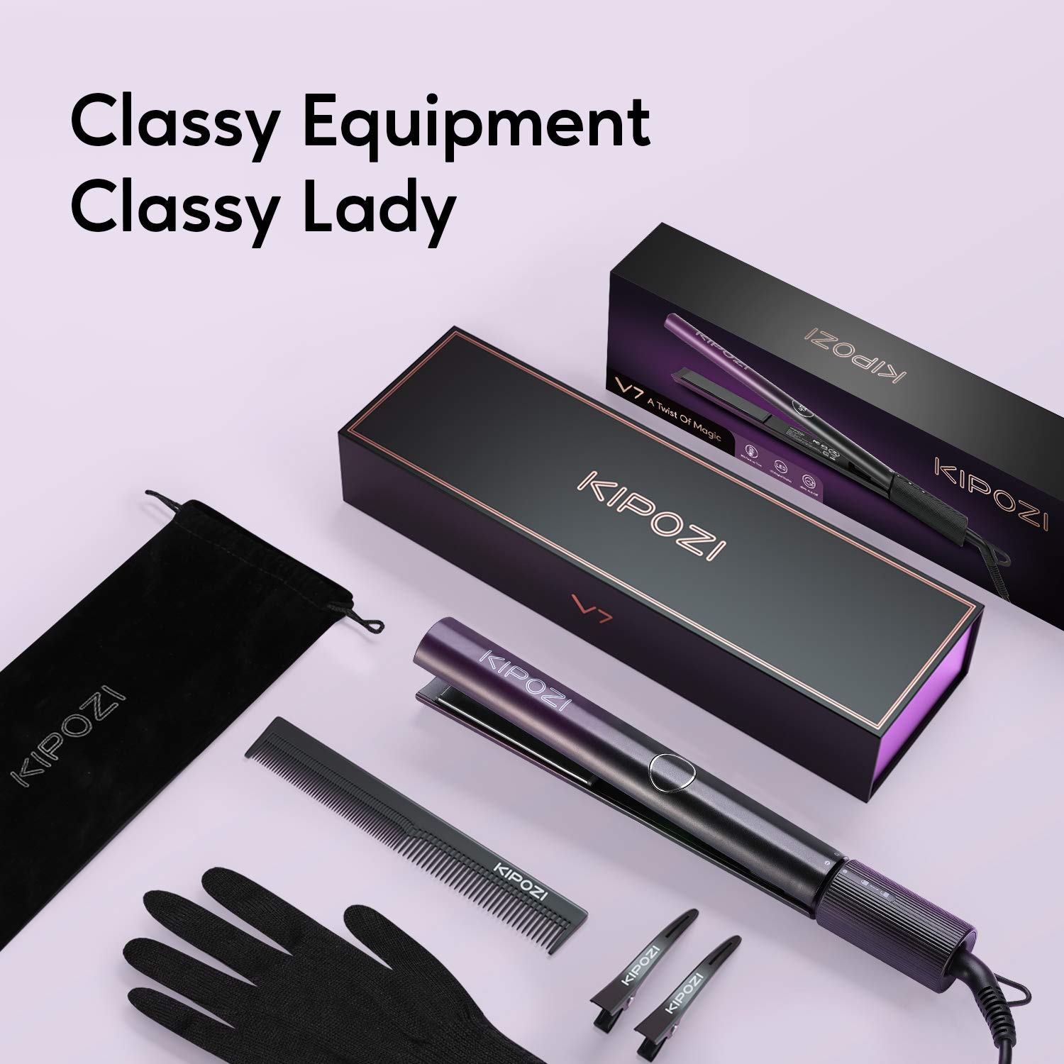 KIPOZI-alisador de pelo V7, plancha eléctrica 2 en 1 de hierro rizado, calentamiento rápido PTC, 60 Min, herramienta de salón de apagado automático para el cuidado