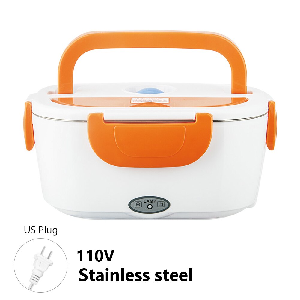Bærbar elektrisk madkasse varmebeholder mad risvarmer rustfrit stål madkasse kontor hjemme bil brug mad varmere stål: Orange us-stik 110v