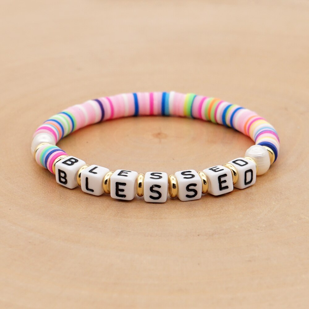 GO2BOHO Rainbow Polymer Clay Bracelets Heishi Disc Beads Bracelet Women Blessed Letter Summer Beach Pearl Pulsera Jewelry