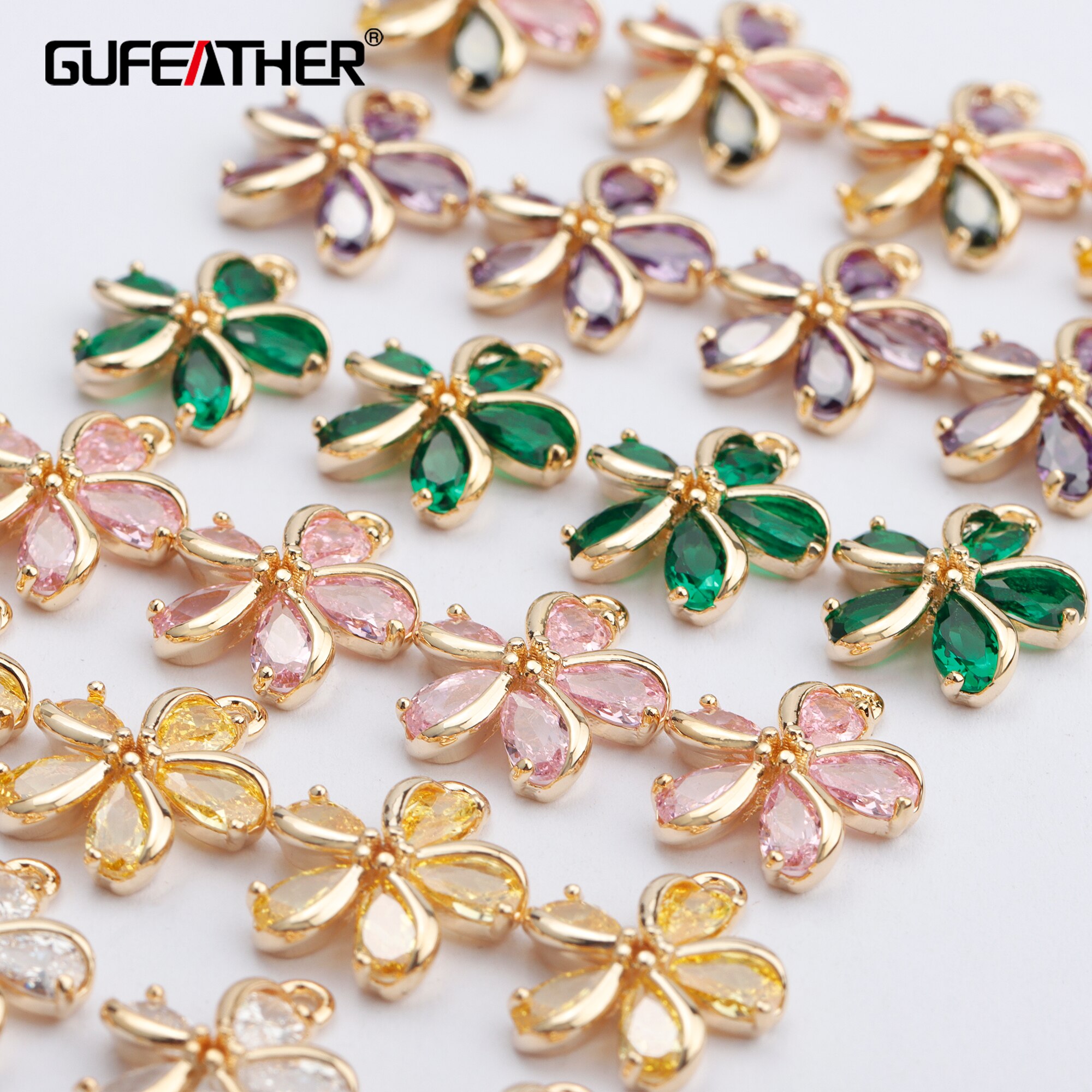 GUFEATHER M763, schmuck zubehör, 18k Gold überzogen, 0,3 mikrometer, zirkon anhänger, blume bilden, schmuck machen, diy ohrring, 10 teile/los