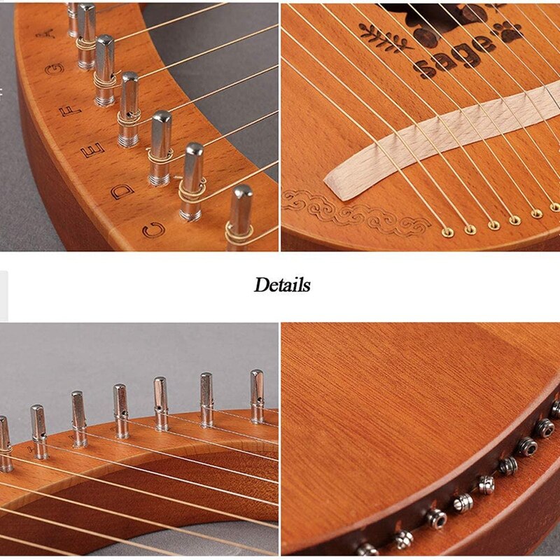 Lyreharpe ,16- strengs harpe heptachord mahogni lutharpe med stemmenøkkel for musikkelskere nybegynnere