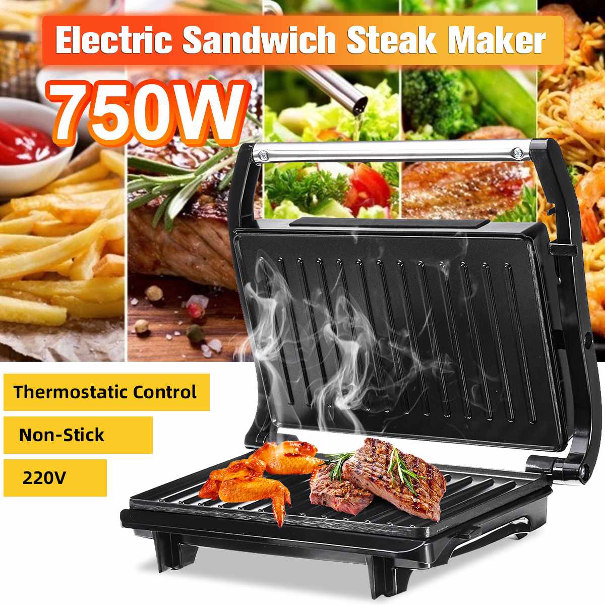 750W Electric Sandwich Steak Maker Dual Toast Grill Pan Non Stick Waffle Toaster Cake Breakfast Machine Kitchen Cooking Tools