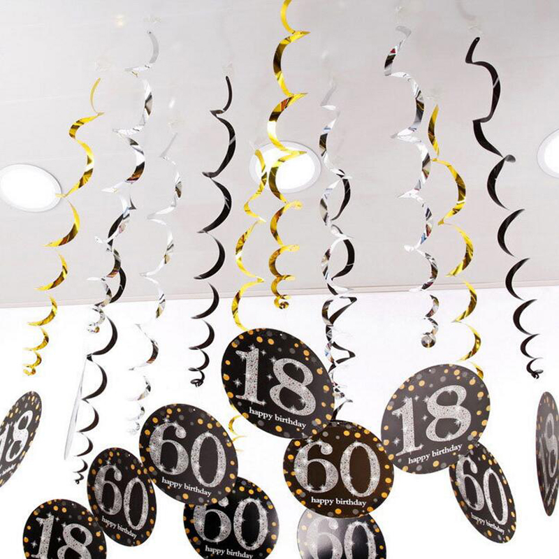6pcs/set PVC Spiral Happy Birthday Swirl 18 21 30 40 50 60 70 Years Old Hanging Birthday Party Decorations Colored Ribbon
