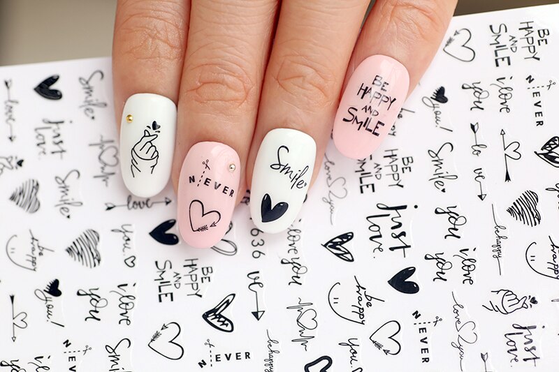 Autocollants 3D auto-adhésifs pour Nail Art, lettres d'amour pour mariage, motif de flèche pour sourire heureux et romantique, pour manucure, 1 pièce