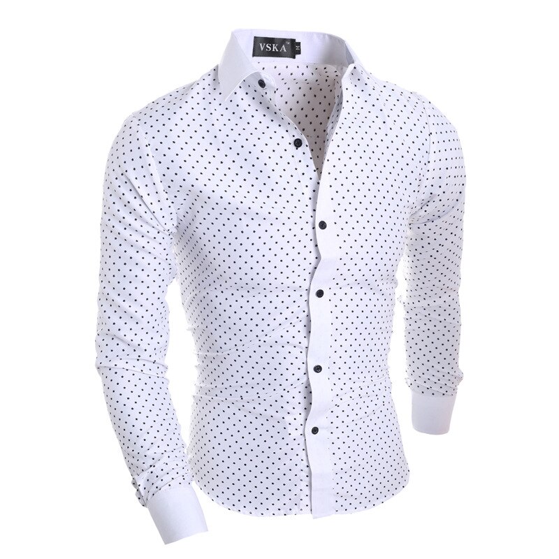 Afslappet print polka dot mænds skjorte slim fit kjole skjorte langærmet fjeder bomuld turn-down krave camisa masculina: Hvid / M