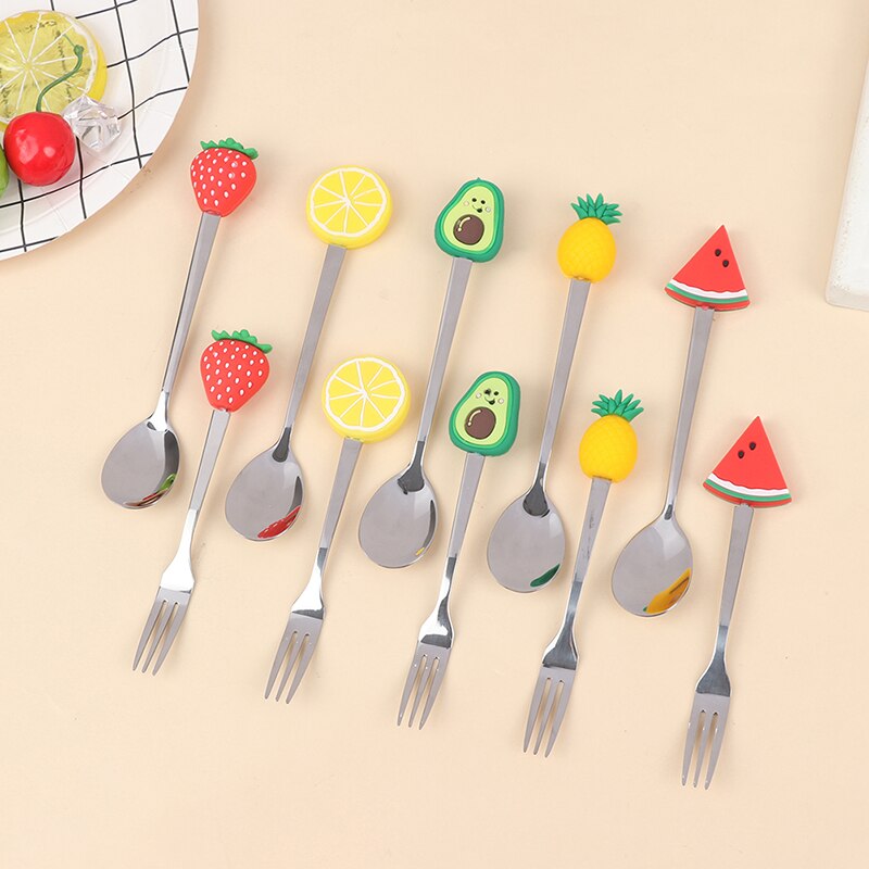 Tenedor de acero inoxidable con forma de fruta para niños, Mini tenedores para fruta, pastel, postre, ensalada, cubiertos de comida de dibujos animados, herramienta de cocina, 2 uds.