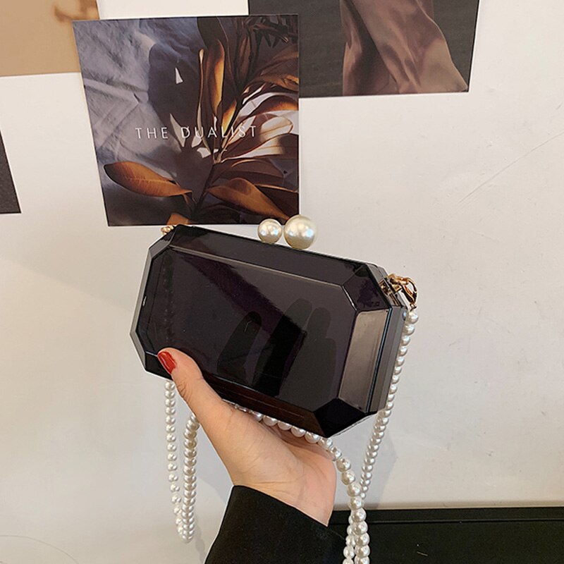 2022 moda trasparente scatola acrilica pochette borsa da donna trasparente borsa a forma di botte di plastica borsa da festa per ragazza con catena di perle: Transparent Black