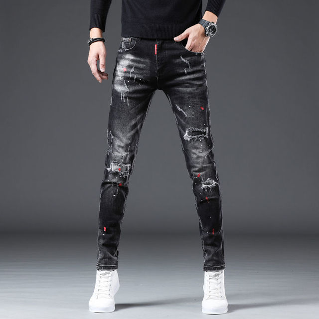 Korea Versie Heren Noble Black Ripped Jeans, Stijlvolle Slim Stretch Jeans, licht Luxe Splash Inkt Print Jeans,Sexy Straat Jeans;: 33