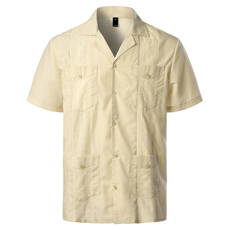 Kubanischen Camp Guayabera Shirt Männer Kurzarm Casual-Taste Unten Stickerei Mens Shirts Weiche Atmungsaktive Einfarbig Strand Shirts: Beige / USA S