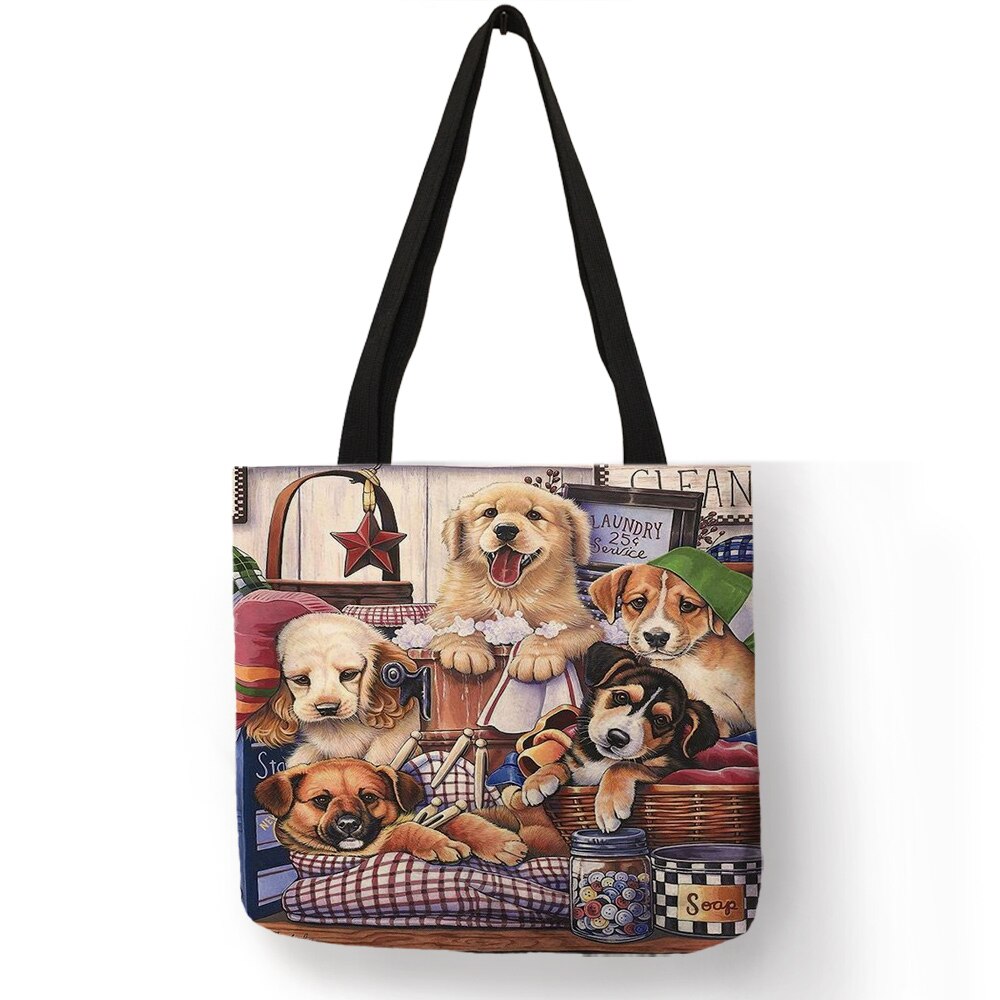 Linnen Praktische Shopping Handtas 3D Kat Golden Retriever Patroon Schoudertassen Vrouwelijke Strand Bakken Bolsas Feminina: 004