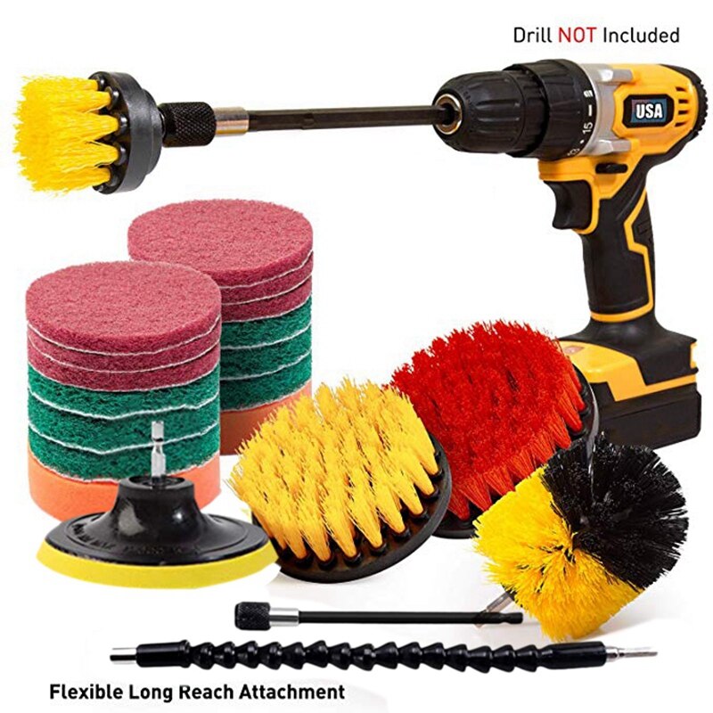 21 Piece Drill Brush Attachments Set Scrub Pads Sponge Power Scrubber Brush with Rotate Extend Long Attachment All Purpose Clean