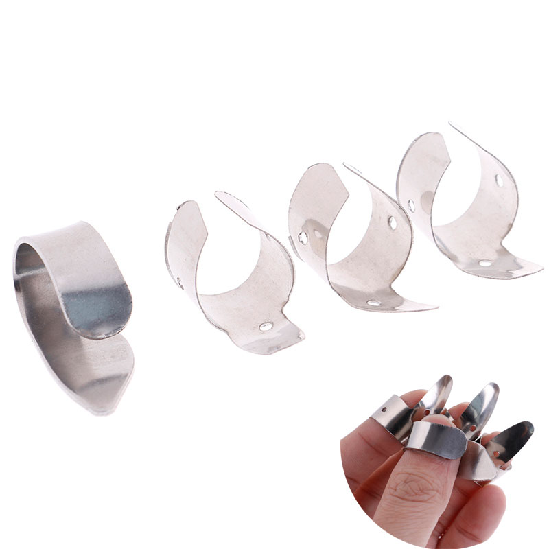 4 stk. rustfri stål guitarplektre med 1 tommelfinger og 3 fingernegle, metal tilbehør til akustisk elektrisk basguitar