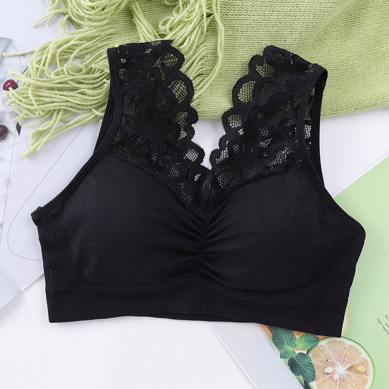 Sujetador deportivo de encaje para mujer, Bralette deportivo de encaje, Top sin mangas, para gimnasio y Yoga: Black
