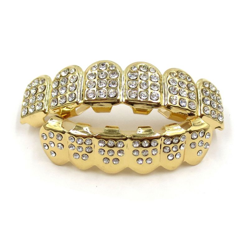 Gold Kleuren Fshion Hip Hop Gold Iced Out Cz Tanden Grillz Top Bottom Mannen Vrouwen Sieraden Bottom Maat 4cm X 1Cm: A