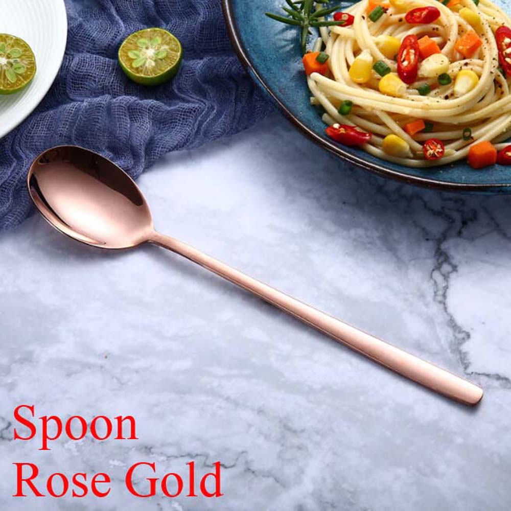Cuillères et fourchettes à Long manche | Couleur arc-en-ciel en acier inoxydable, cuillère à soupe cuillère glaces thé cuillère à café vaisselle de table, couverts de maison: Spoon rose gold