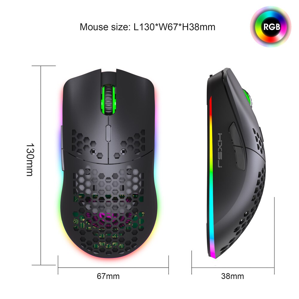 HXSJ Hole Heat Dissipation Light 2.4G Wireless Mouse Rechargeable 3600DPI Adjustable RGB Lighting for Notebook PC