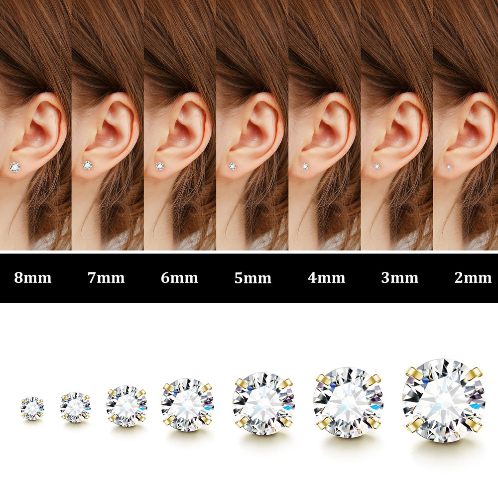 1Pair Stainless Steel Crystal Screw Back Stud Flat Earrings for Women Men Punk Cool Clear Cubic Zirconia Tiny Piercing Style