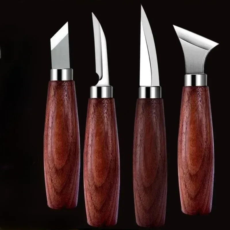 Carbon Steel Carving Knives Set with Walnut Handle Delicate Durable Four Style Engraving Knife Hand Tools Woodworking Tools Set