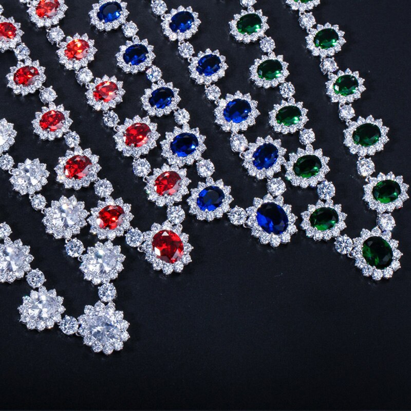 Pera CZ Big Round Cubic Zirconia Luxury Bridal Wedding Royal Blue Stone Necklace and Earrings Jewelry Sets for Brides J126